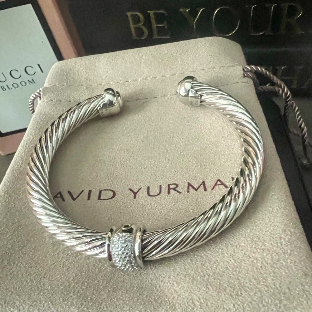 DY silver 7mm cable bracelet with diamonds size L